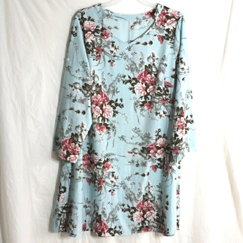 Fashion Light Blue Floral Waist Tie Long Sleeve Dress